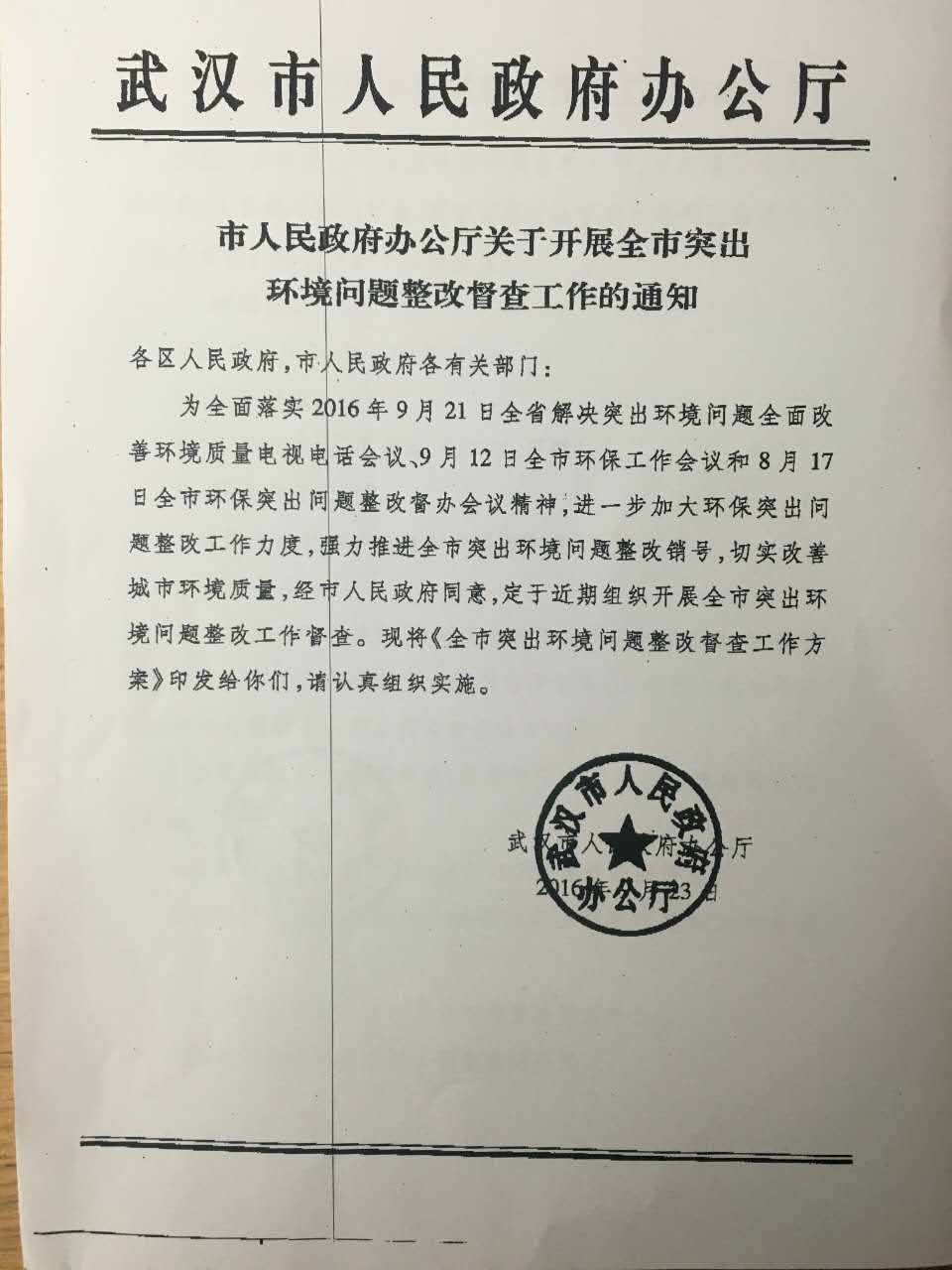 武汉市政府关于开展全市环境问题整改督查工作的通知