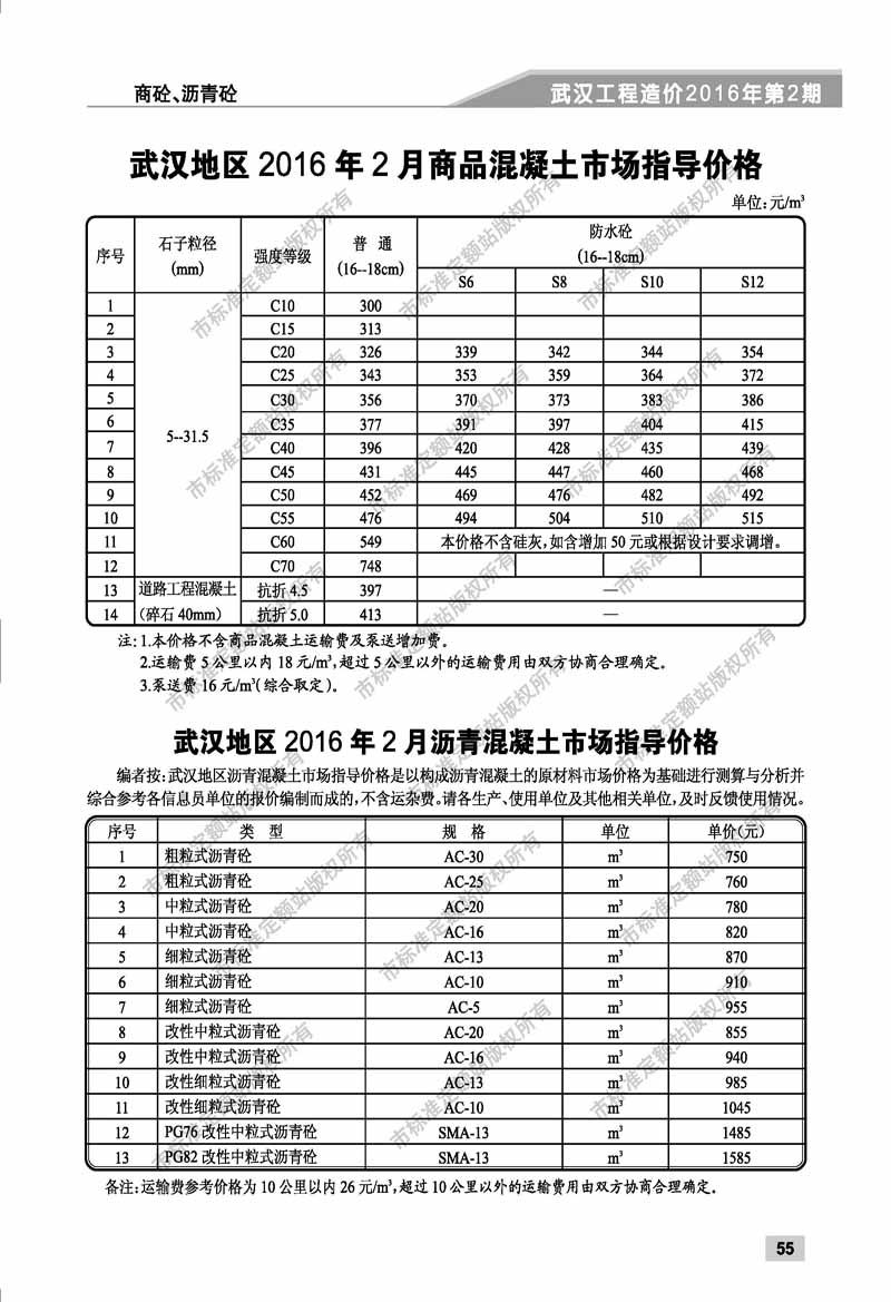 武汉混凝土造价信息2016年2月